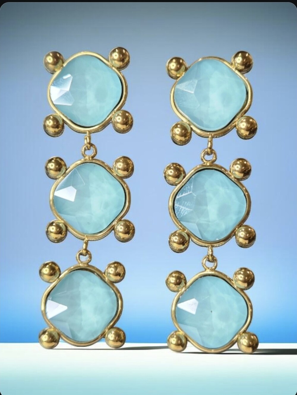 18k Gold Plated Aquamarine HydroQuartz Crystal Studded Designer Dangle Earrings